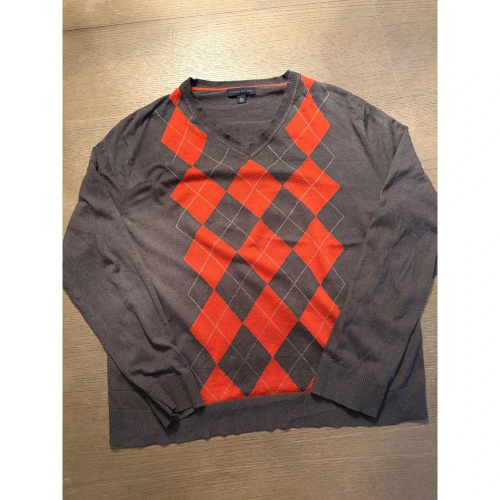 Banana Republic Mens Silk Cashmere Argyle V-Neck Sweater Grey Orange XL